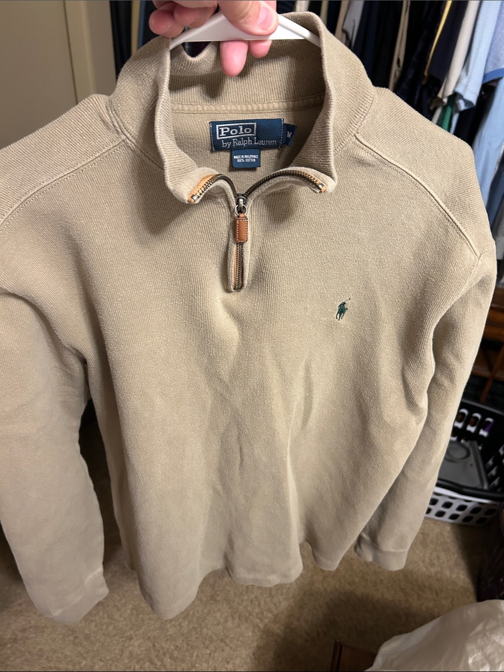 Polo by Ralph Lauren Men’s Zip-Neck Sweater — Tan with Green Pony